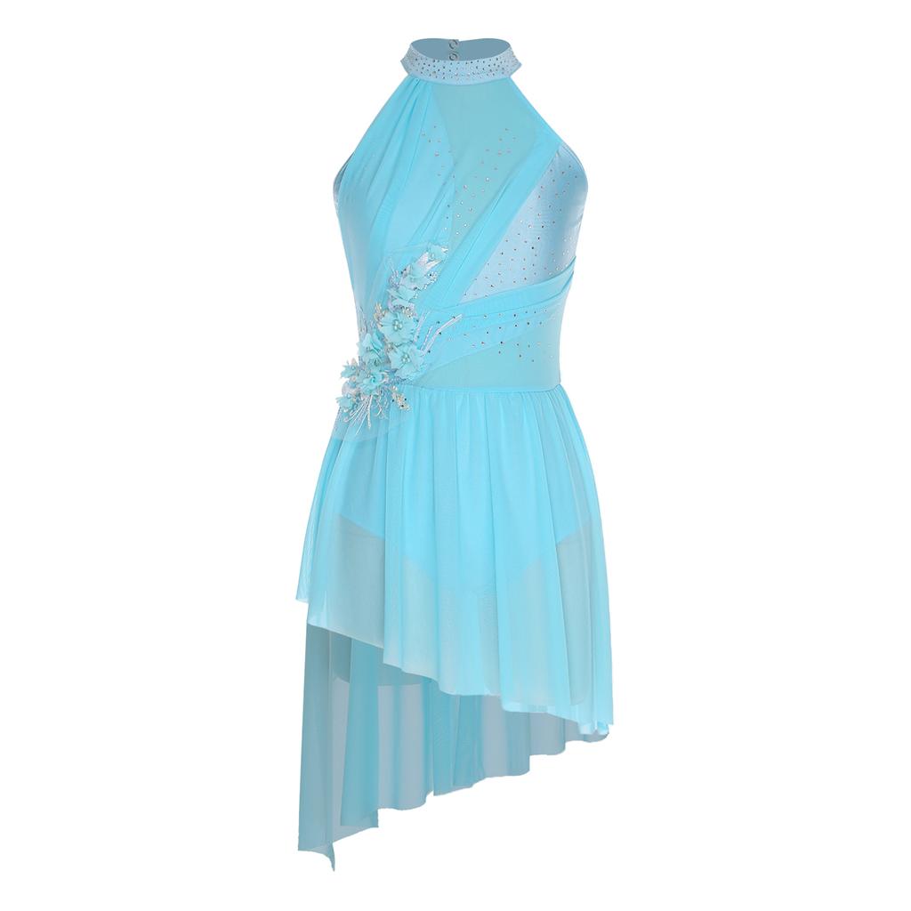 Women Figure Ice Skating Dress Applique Lyrical Dance Ballet Gymnastics Leotard Tutu Sleeveless Rhinestone Performance Dancewear