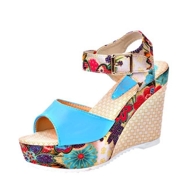 Flower Womens Shoes Sandals Summer Wedge Heels High Platform Open Shoes Toe