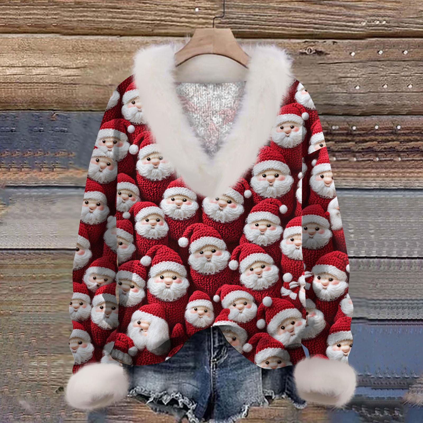 

Женская мода повседневный рождественский принт с длинным рукавом и V-образным вырезом пуловер для волос XL белый