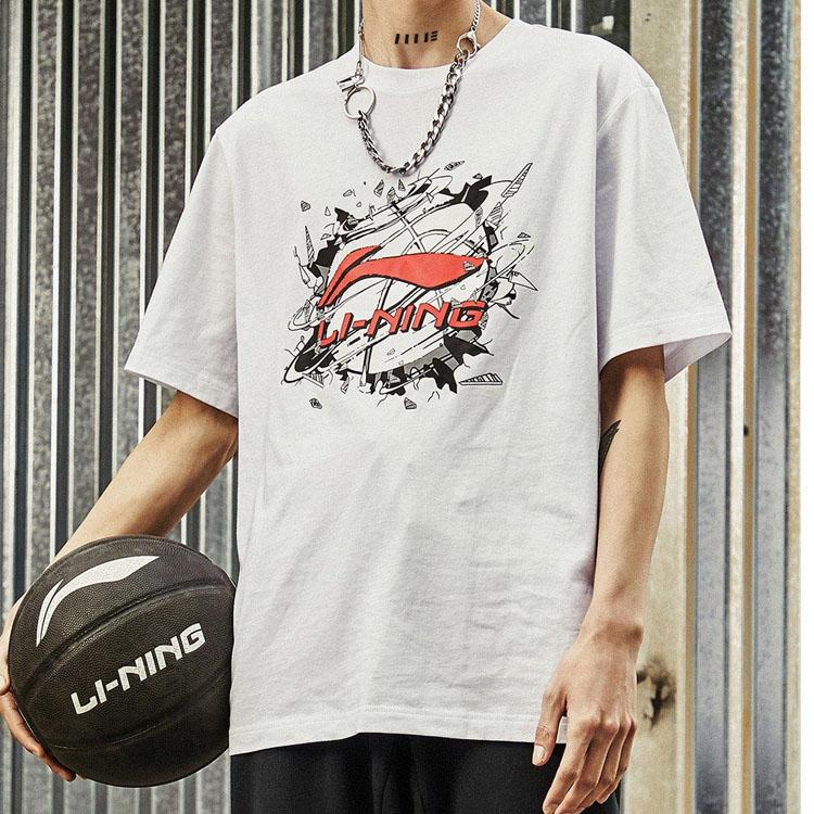 Li-Ning Sports Fashion Series Basketball Print Crew Neck Short Sleeve T-Shirt Men Tops White AHSR405-1