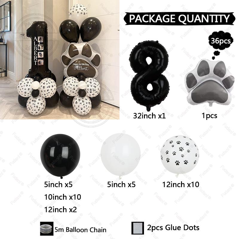 36pcs Black Dog Claw Balloon Numbers 1-9 Birthday Balloon Set Cartoon Animal Theme Party Decoration Pet Party Supplies