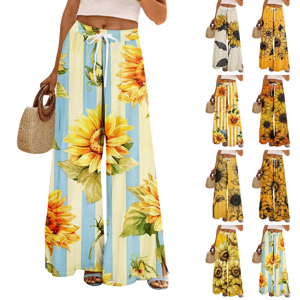 Pantaloni palazzo estivi da donna, stile boho, a vita alta, larghi, con stampa floreale e tasche.