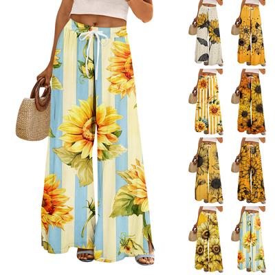 Pantalones Palazzo bohemios de verano para mujer, cintura alta, pierna ancha, estampado floral, pantalones casuales con bolsillos