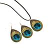 Ethnic retro bohemian peacock feather pattern print water drop geometric stud earrings necklace set