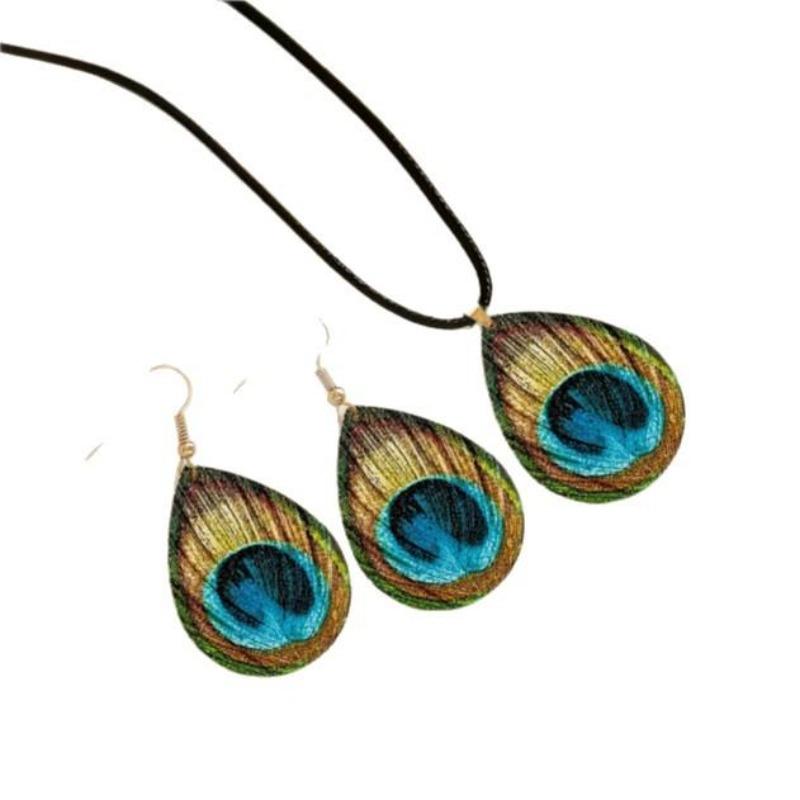 Ethnic retro bohemian peacock feather pattern print water drop geometric stud earrings necklace set