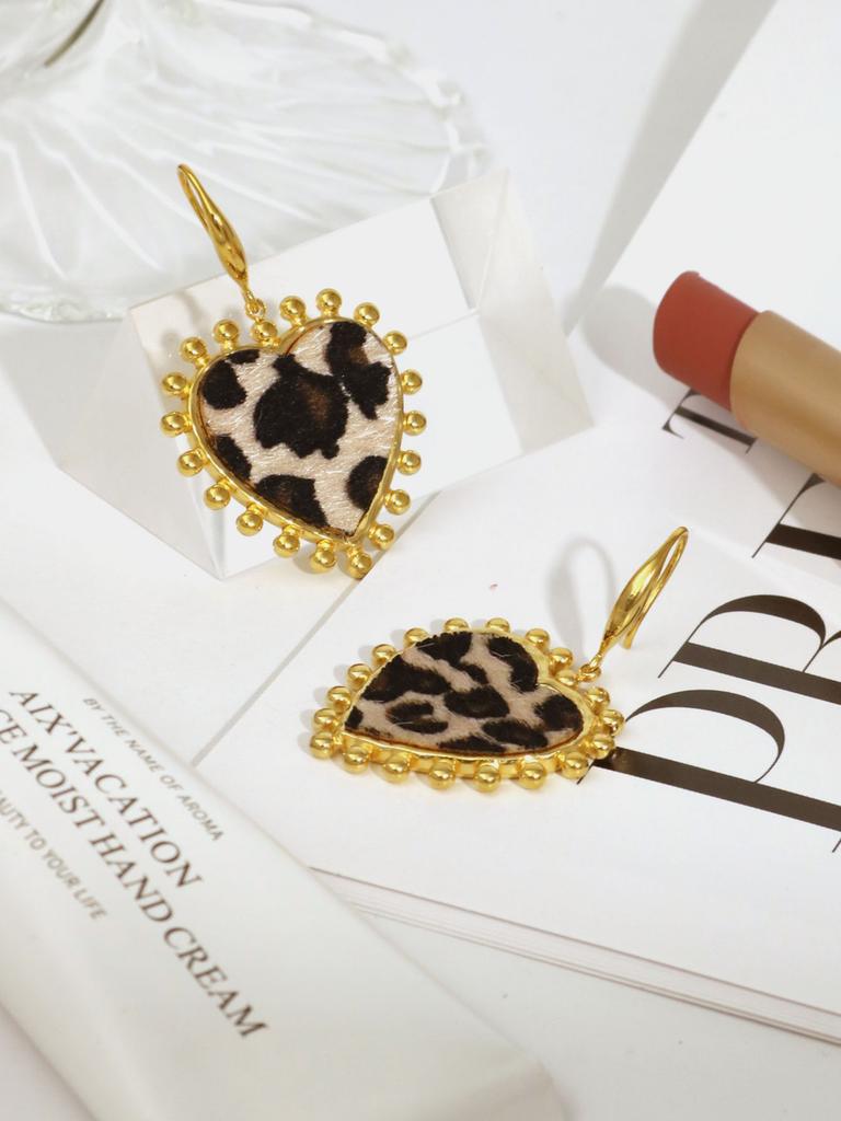 Acier Inoxydable Plaqué Or 18K Amour Crin de Cheval Imprimé Léopard Pendentif Boucles d'Oreilles Puces Style Métallique Élégantes Zircon Cadeaux