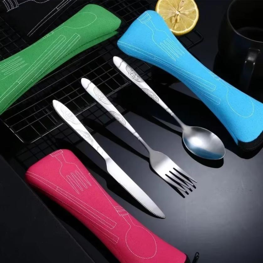 3 Pcs Portable Travel Cutlery Stainless Steel Western Style Steak Knife Fork Spoon Complete Set of Tableware Home Use Outdoor