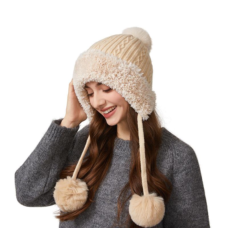 Winter Thick Ear Protection Knitted Cap Outdoor Windproof Velvet Three-Hair Ball Tether Warm Cap