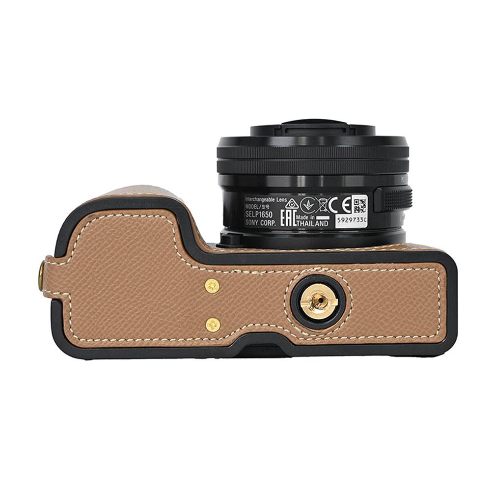 PU kožené pouzdro na polovinu těla fotoaparátu s potiskem dlaně pro Sony A6400 A6300 A6000 A6100, spodní kryt s otvorem na baterii a popruhem na ruku