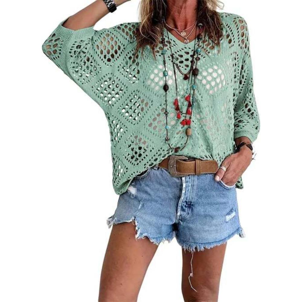 Women Spring Summer V-neck Diamond Hollow Out Batwing Sleeve Knit Sweater Loose Cover Up Blouse