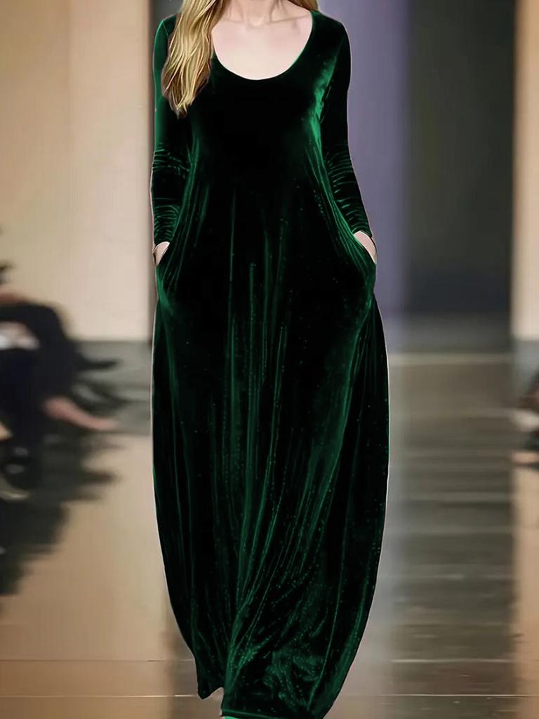 Autumn Winter New Style Crew Neck Velvet Elegant Long Sleeve Dress with Wide Skirt and Solid Color