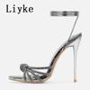 Fashion Liyke Elegant Party Sandals Female Rhinestones Narrow Band Open Toe Ankle Cross Lace Up High Heels Stiletto Wedding Shoes Women