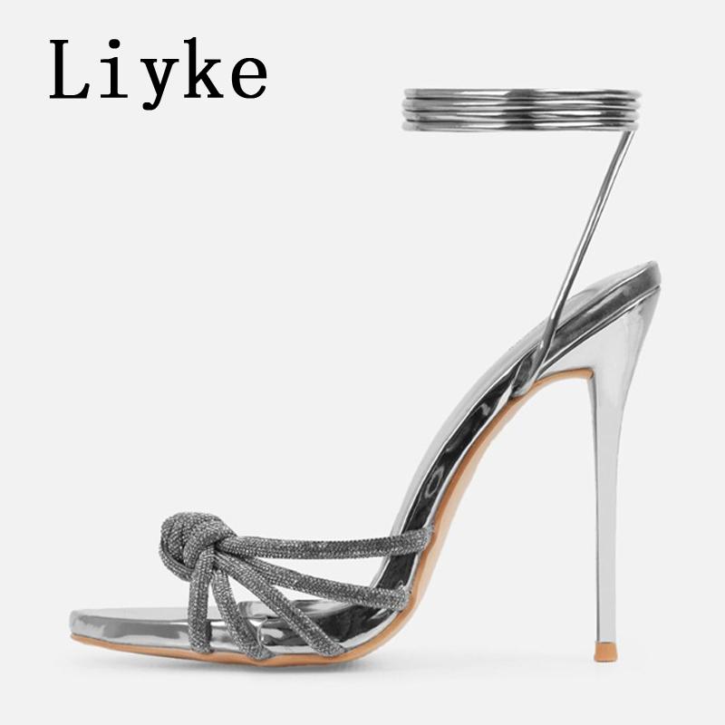 Fashion Liyke Elegant Party Sandals Female Rhinestones Narrow Band Open Toe Ankle Cross Lace Up High Heels Stiletto Wedding Shoes Women