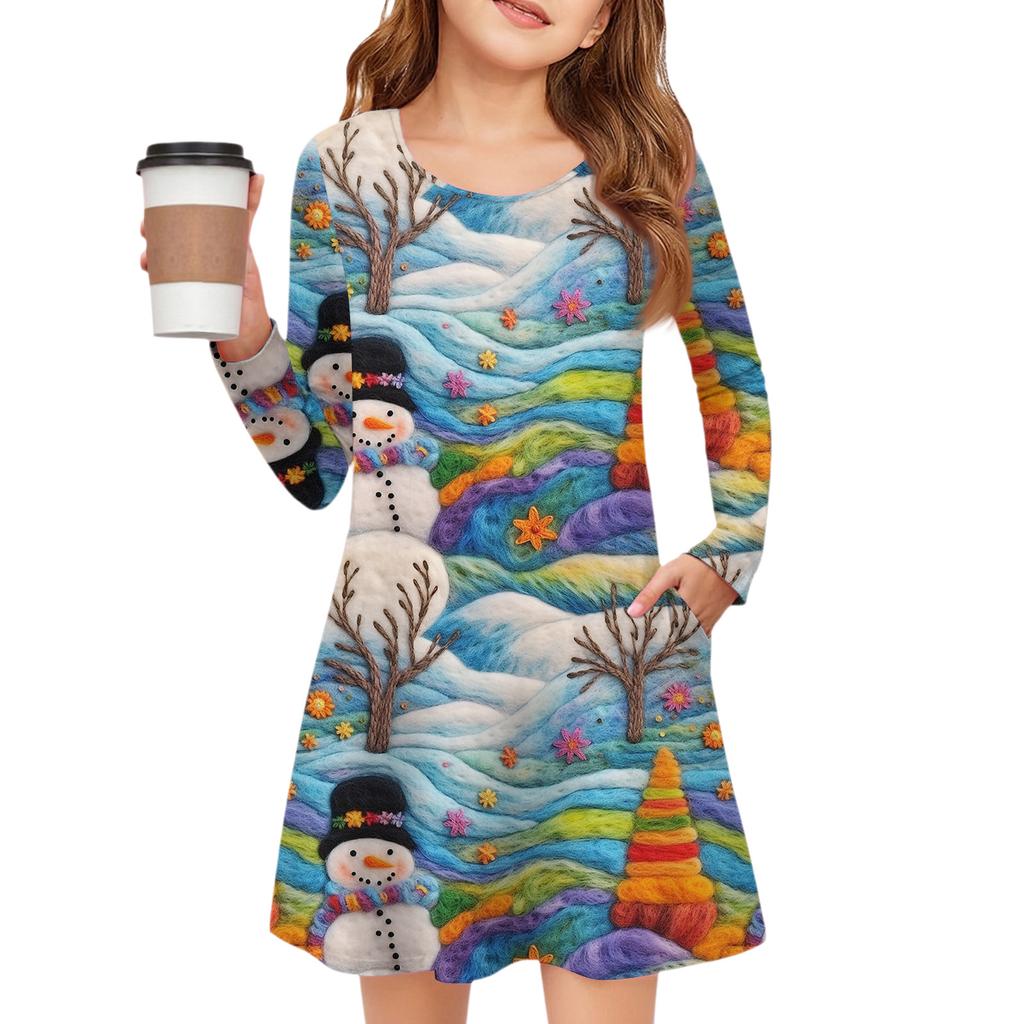 Christmas Day Girls' Long Sleeve Dress - Color Pocket Dress
