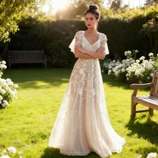 Krajkové svatební šaty s rozšířenými rukávy pro nevěstu, hluboký výstřih do V, odhalená záda, svatební plesové šaty, boho plážové šaty s volánem