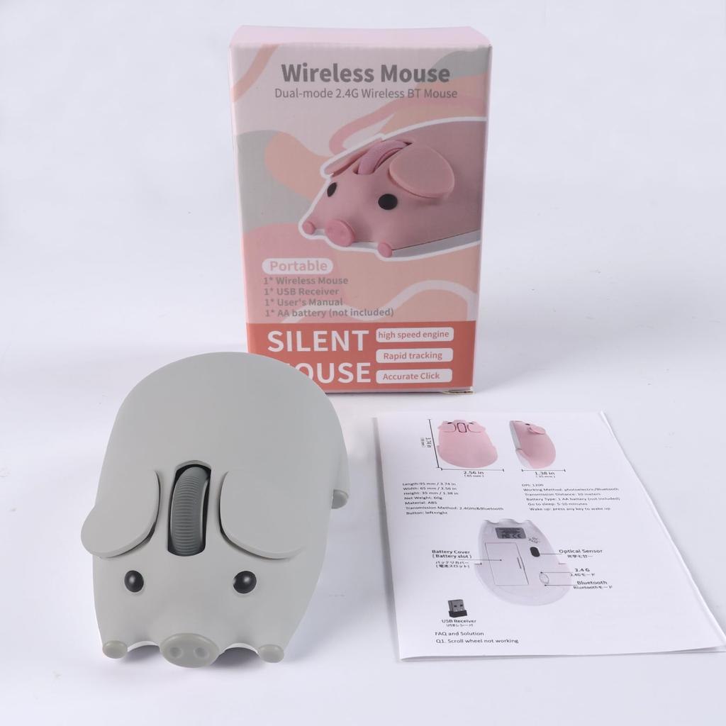 wireless Bluetooth connects two devices includes USB compatible with and laptops Cute, mouse, 2.4GHz, piglet-shaped design, quiet, battery-powered,