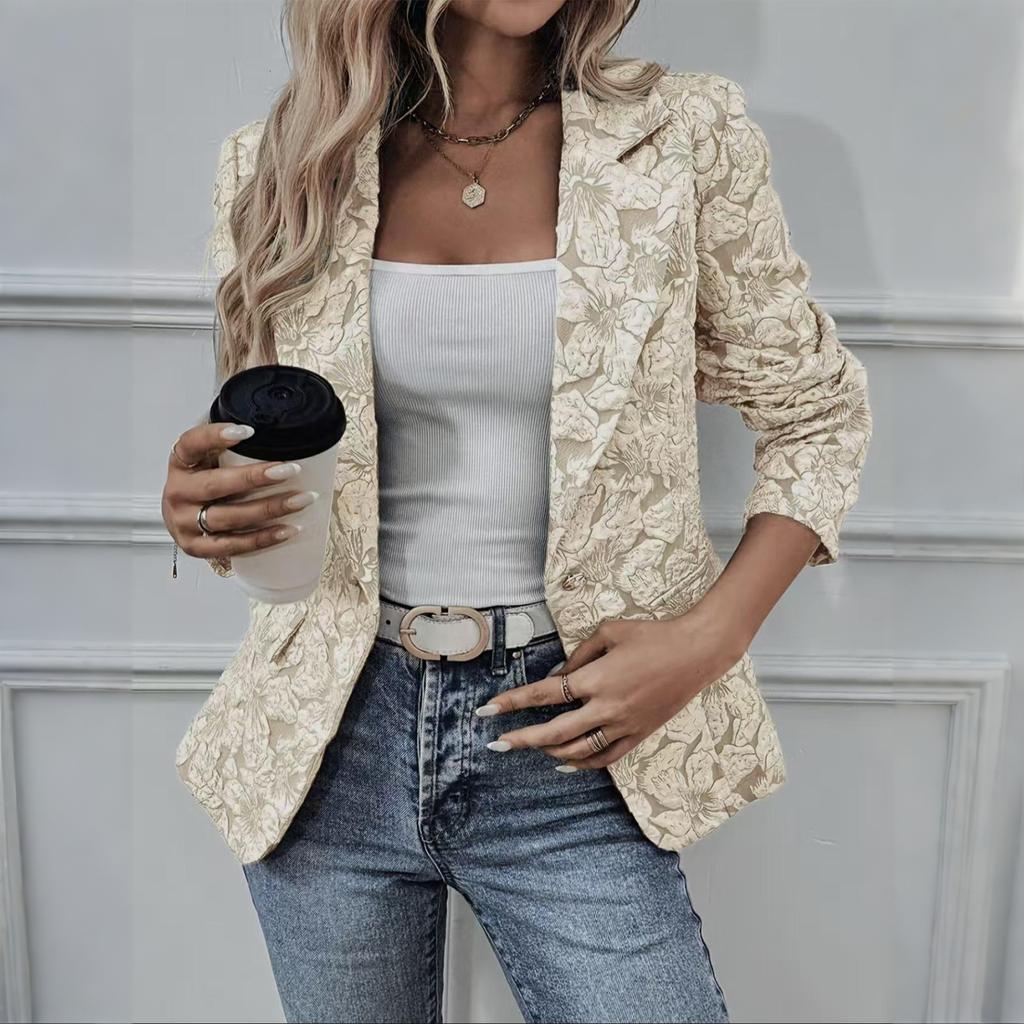 Women's Fashion Lapel Button Long Sleeve Casual Vintage Jacquard Slim Fit Blazer Jacket for Office Work Daily Wear