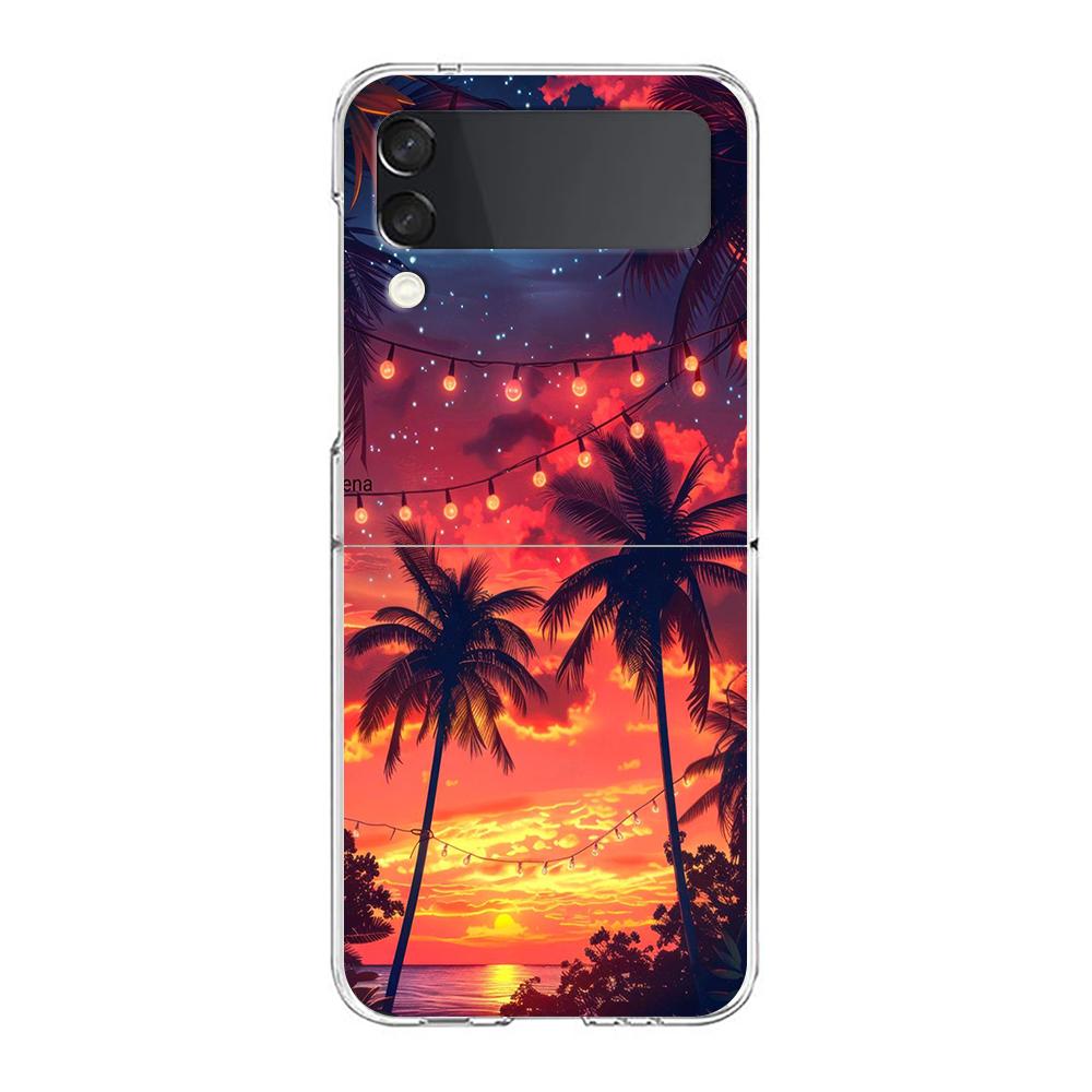 Phone Cover For Samsung Galaxy Z Flip 7 6 5 4 Case Transparent For Samsung Z Flip 3 Hard PC Foldable Sunset Coconut Tree Pattern