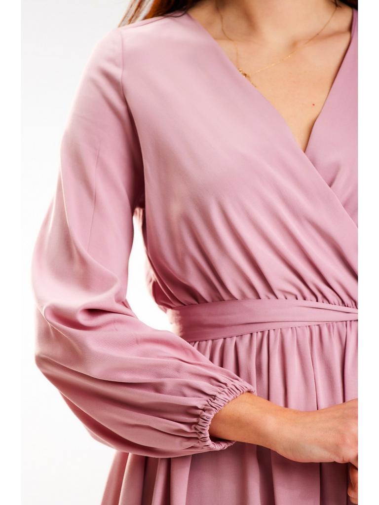 Flared Mini Dress with a Wrap Neckline and Long Sleeves, Dusty Pink M