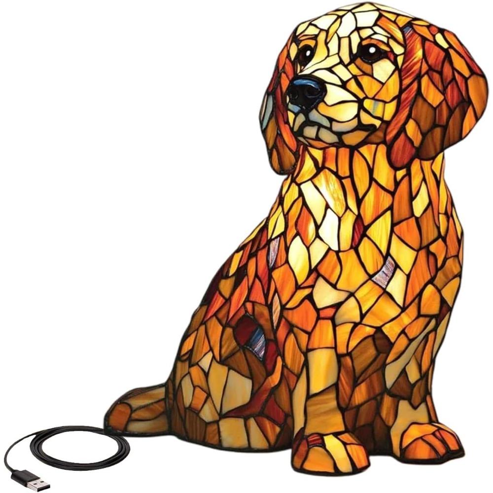 Stained Glass Dog Lamp, Rainbow Pup Lamp, 3D Retro Stained Resin Small Dog Lamp with Stained Glass Glow, LED Night Light for Bedroom Desk