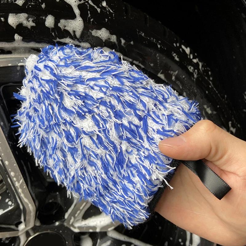 SEAMETAL 1PC Microfiber Car Wash Glove Double-Side Finger Pocket Car Wheel Wash Mitt for Car Cleaning