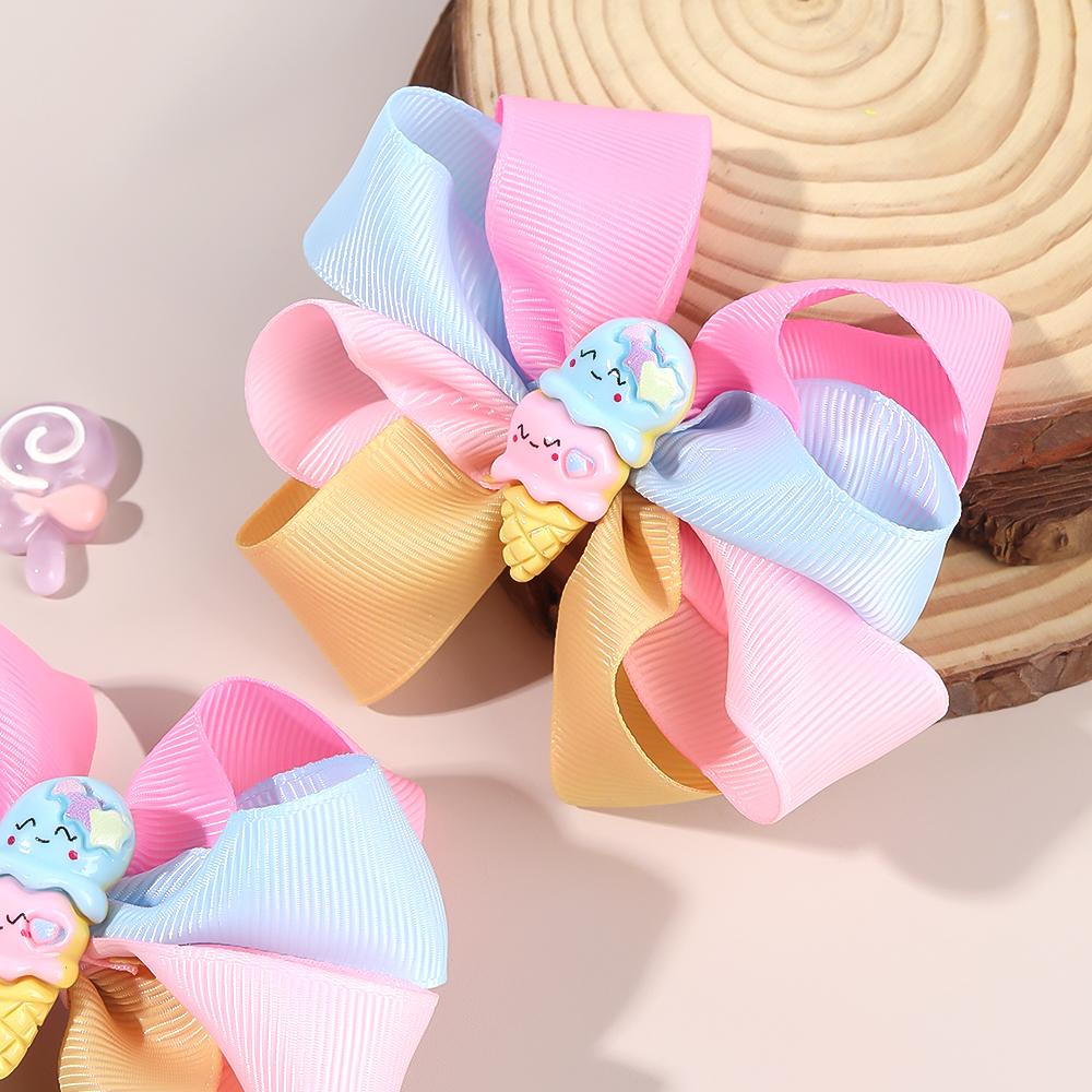 2Pcs Trendy Cartoon Ice Cream Hair Clips For Children Sweet Color-blocked Ribbon Hairpins Girls New Daliy Headwear Accessories