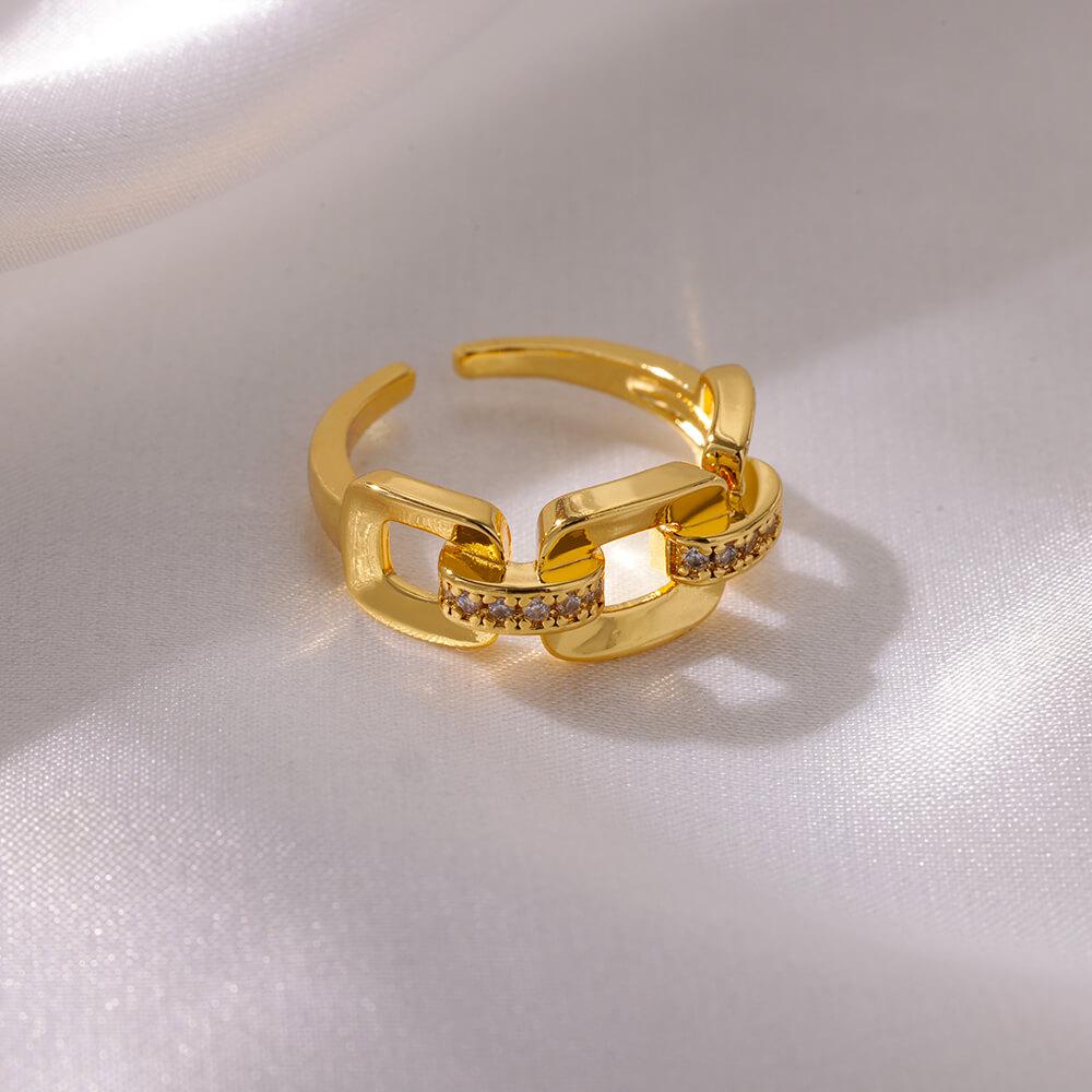 Stainless Steel Chain Shaped Rings for Women Gold Color Open Ring with White Zircon Punk Party Charm Jewelry Prom Accessories