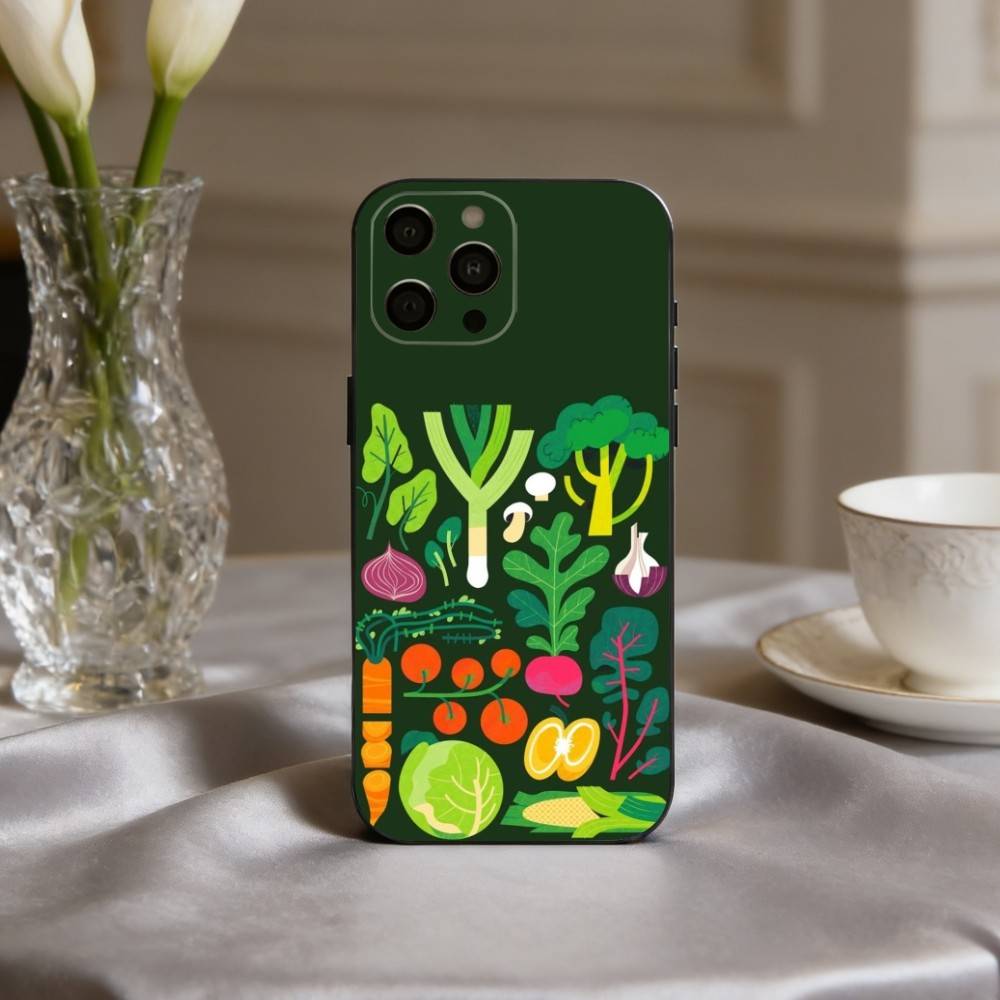 INS CUTE Organic Vegetable Phone Case For iPhone 17,16,15,14,13,12,11 Plus,Pro Max,XS,Soft Silicone Black Cover