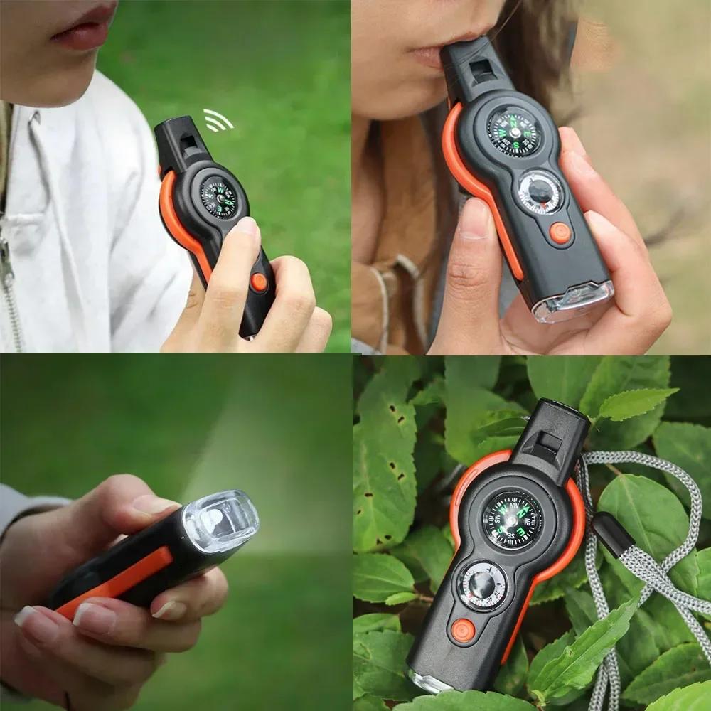 7 In1 Outdoor Survival Whistle Emergency Tools Camping Hiking Rescue Emergency Loud Whistle Compass Thermometer Magnifier
