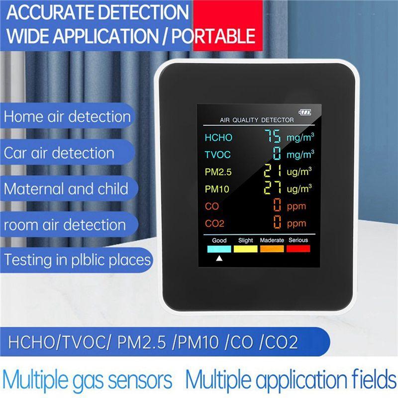 A84X-2X 6 In 1 PM2.5 PM10 HCHO TVOC CO CO2 Air Quality Detector CO CO2 Formaldehyde Monitor Office Air Quality Tester,White