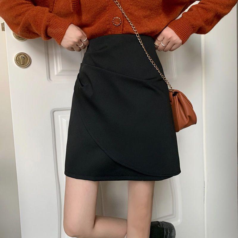 Female Clothing Irregular Bag Hip Skirts Spring Autumn High Waist A-Line Basic Solid Color Chic Folds Asymmetrical Mini Skirts