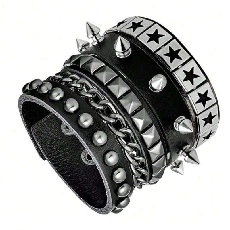 Vintage Leather Bracelets Punk Row Cuspidal Spikes Rivet Stud Wide Cuff PU Leather Punk Gothic Rock Unisex Goth Accessories