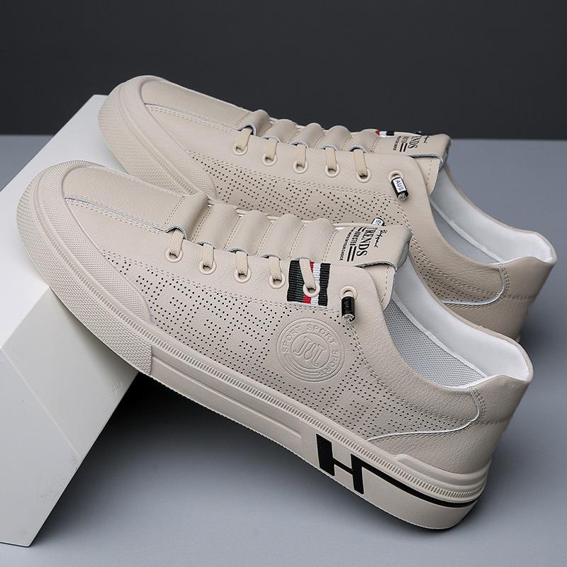 Summer hollow men's casual board shoes leather surface soft sole breathable single shoes white shoes