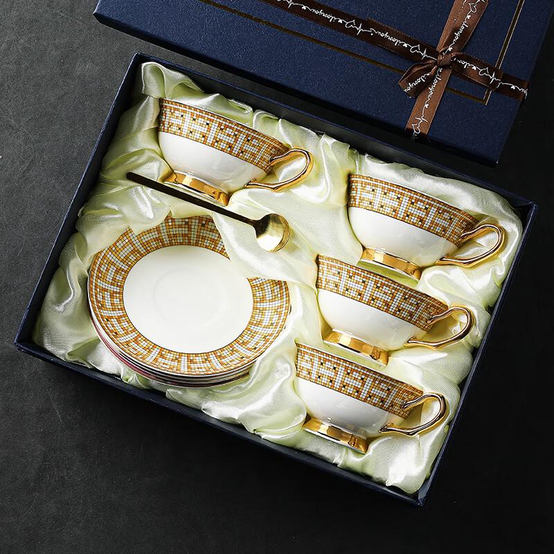 European Gold Grid Ceramic Coffee Cup & Saucer Set 4 Cups 4 Spoons 4 Saucers Set