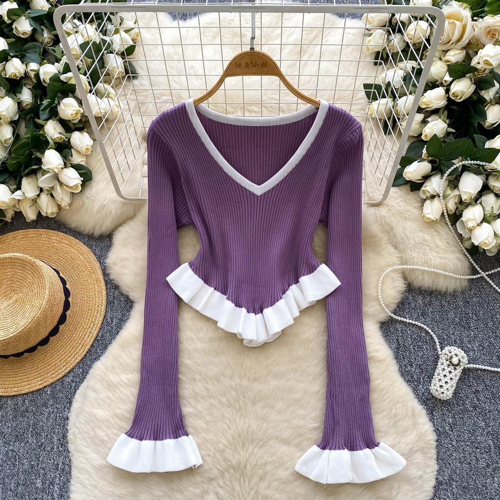 Women's V Neck Long Sleeve Top Black White Trim Casual Blouse