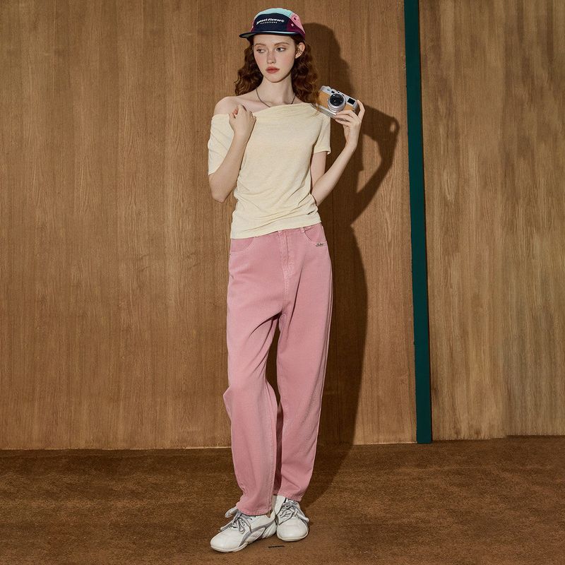 Coolhut Solid Color Versatile Swing Collar Short-Sleeve Casual Pure Desire Style Off-Shoulder Short-Sleeve Spicy Girl 2025 Summer Women's T-Shirt