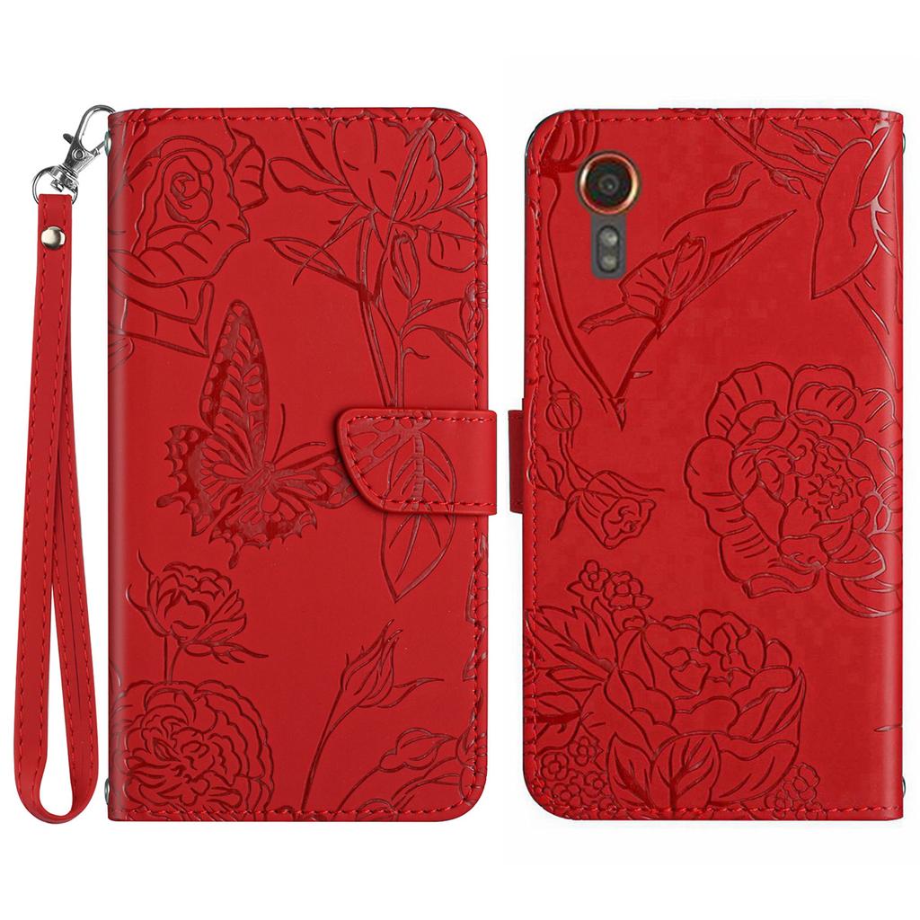 HT03 For Samsung Galaxy Xcover7 Leather Case with Hand Strap Butterfly Flower Pattern