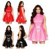 S-3XL Dames Natte Look PU Jurk Open Voorkant Drukknopen Overlaag Mouwloos Geplooide Zoom Glanzend Vinyl voor Nachtclub Rave Feest