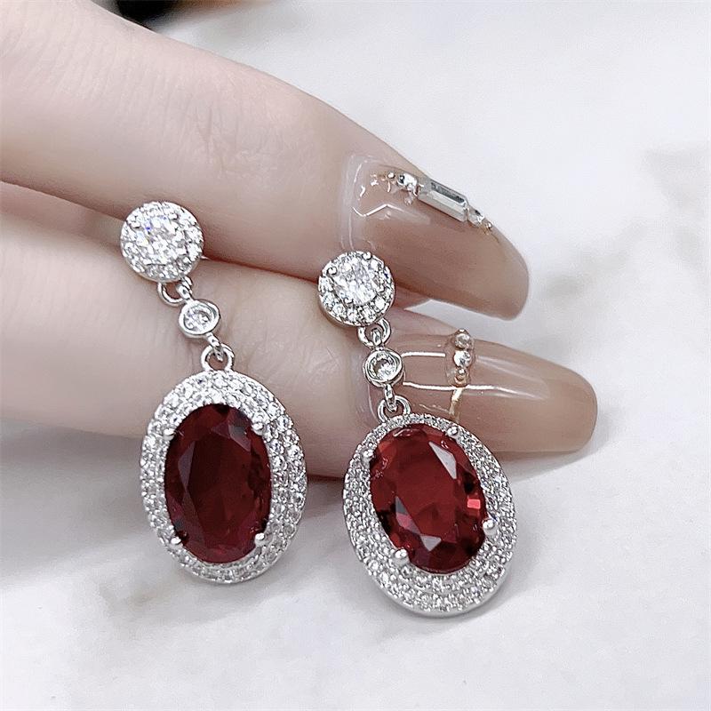 European & American Pigeon Blood Ruby Gemstone Jewelry Set: Elegant Earrings, Ring, & Necklace for Women