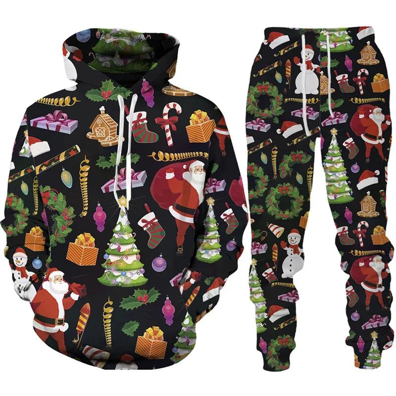 Autumn Winter Men Merry Christmas Hoodie Set Cartoon Santa Claus Clothing Male Fashion Hooded Coat Pullover Casual Streetwear