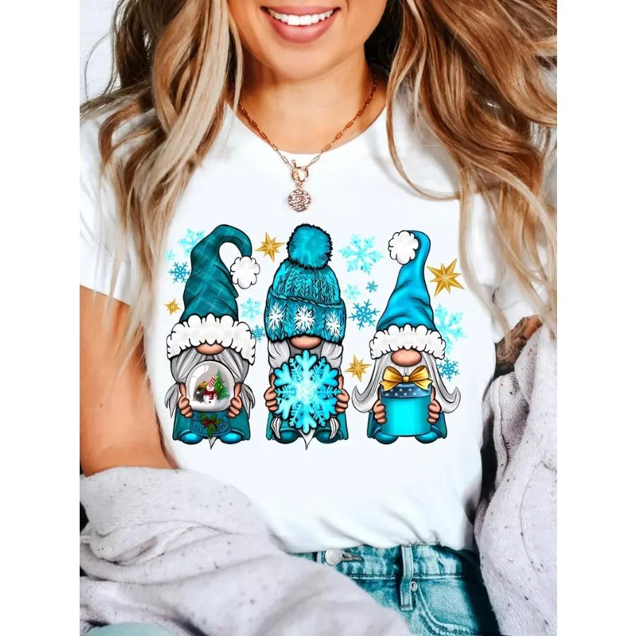 Women's Christmas Gnome Graphic T-Shirt Short Sleeve Round Neck Casual Top Washable Holiday Party Tee for Women, Gnome Gift