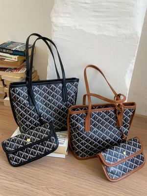 Retro Floral Houndstooth Handbag - Women's 2025 Large Capacity Versatile Tote Shoulder Bag