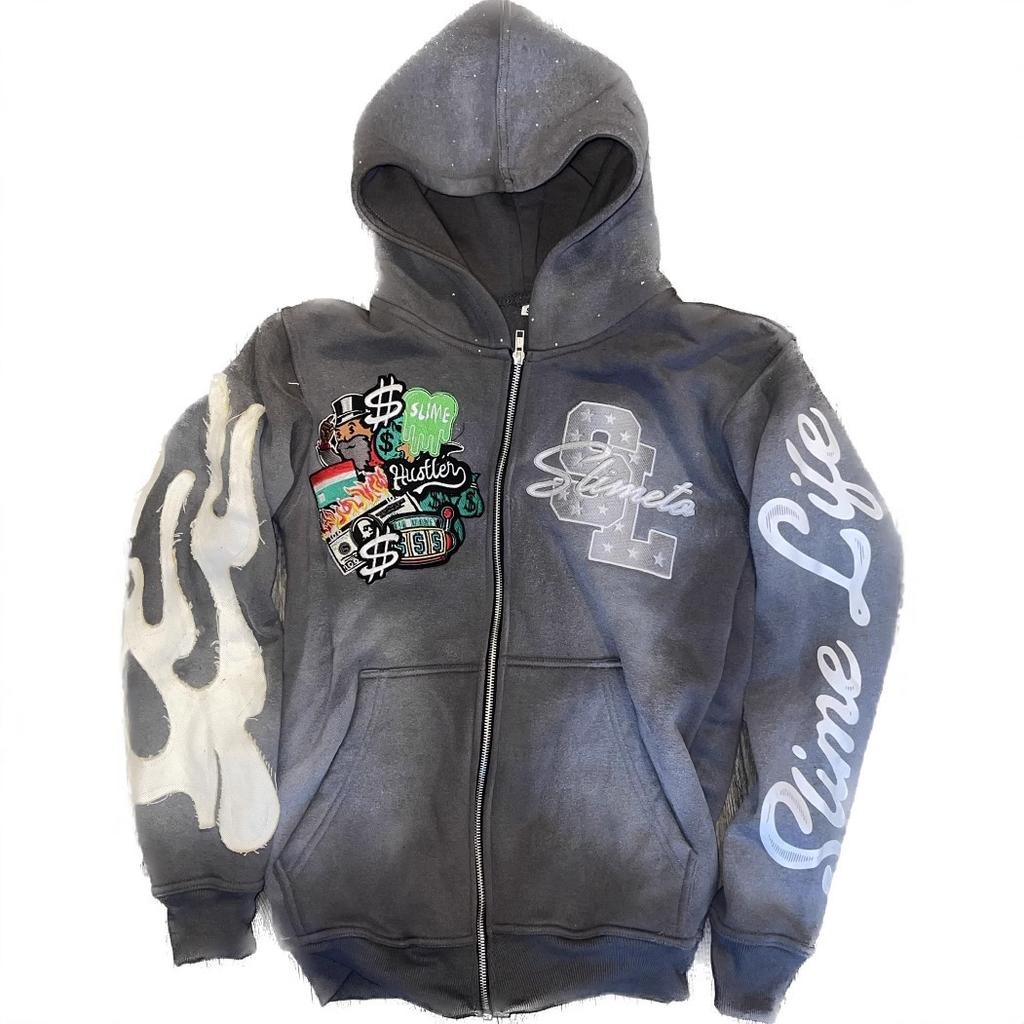 2025 New Cross-border Trendy Brand Goth Hooded Cardigan Sweater Jacket Embroidery Street Trend Printing Men and Women