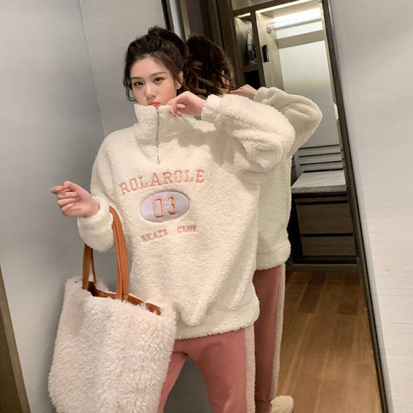 

Embroidered Imitation Lamb Velvet Sweatshirt for Women In Autumn and Winter Casual Half-high Neck Zipper Versatile Thickened Warm Top S білий