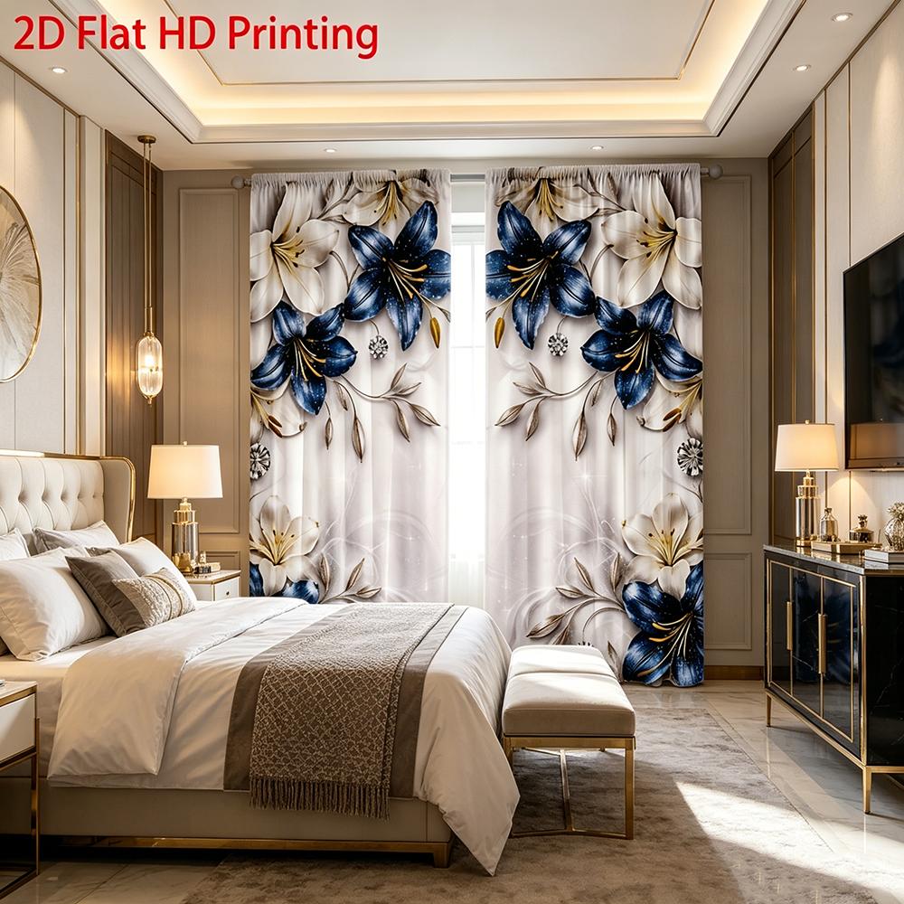 2PCS Digital Printed Curtains, Blue Diamond Lily Luxury Elegant Floral, Rod Pocket Window Drapes for Living Room Bedroom Decor