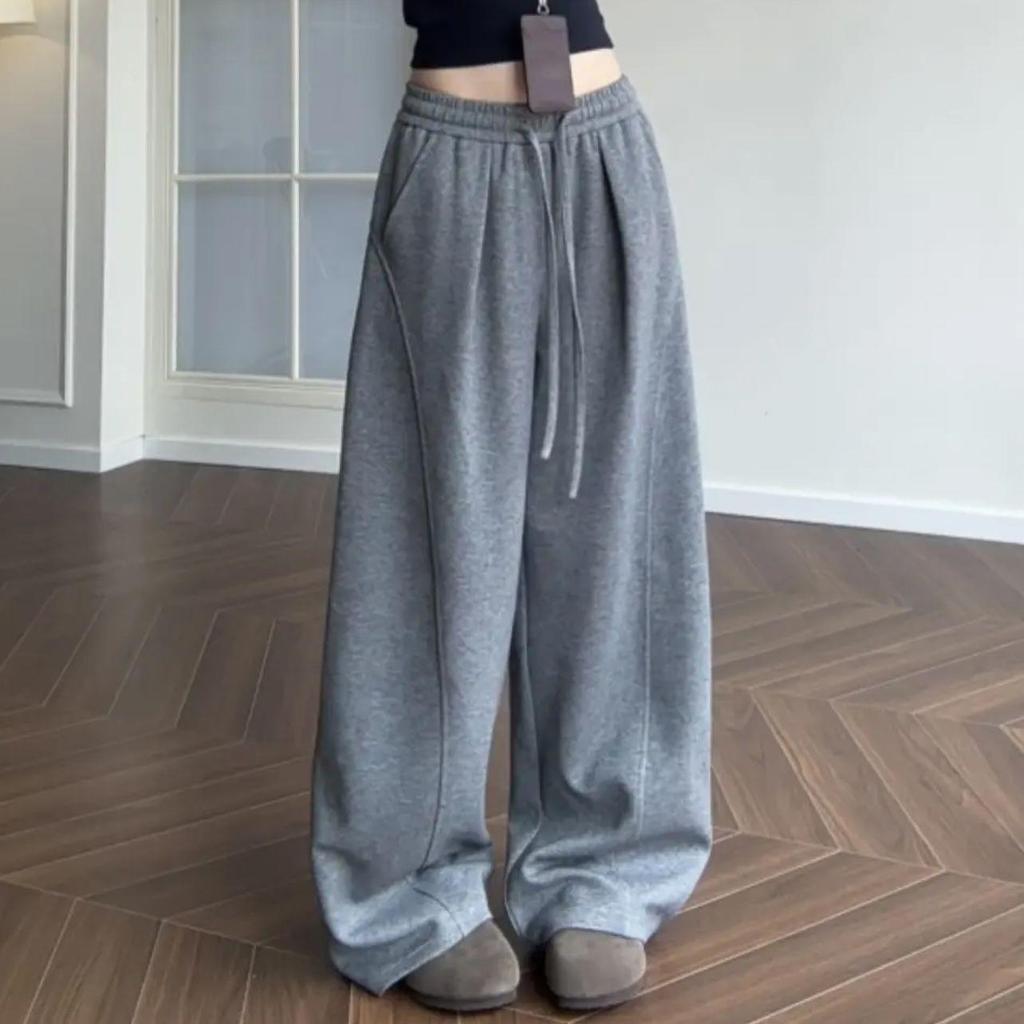 Solid Color Wide-Leg Woolen Sweatpants - Versatile & Trendy Straight-Leg Style