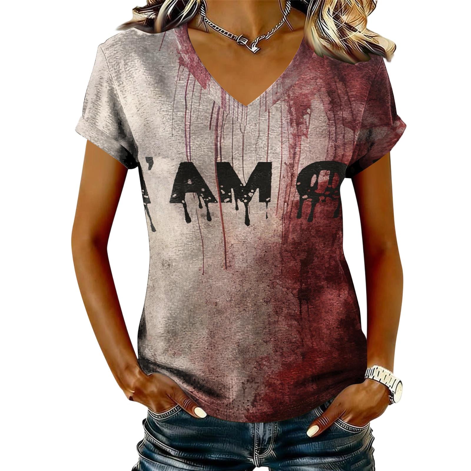 Women s V-Neck Short Sleeve T-Shirt Casual Pullover with Halloween Print Top XL