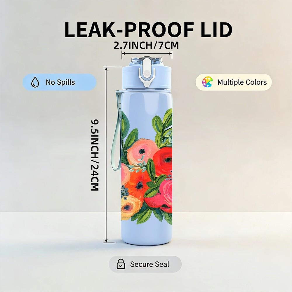 1PC Red Poppy Green Leaf Floral Print 750ml Color Plastic Sports Water Bottle Leakproof Flip Straw Lid Suitable for Sports Office Home Use