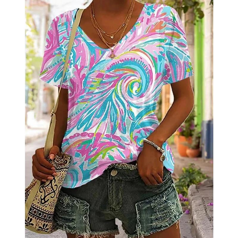 Summer V-neck 3D Vintage Floral Pattern Printed Top Fashionable Casual Colorful Short Sleeved Women's T-shirts