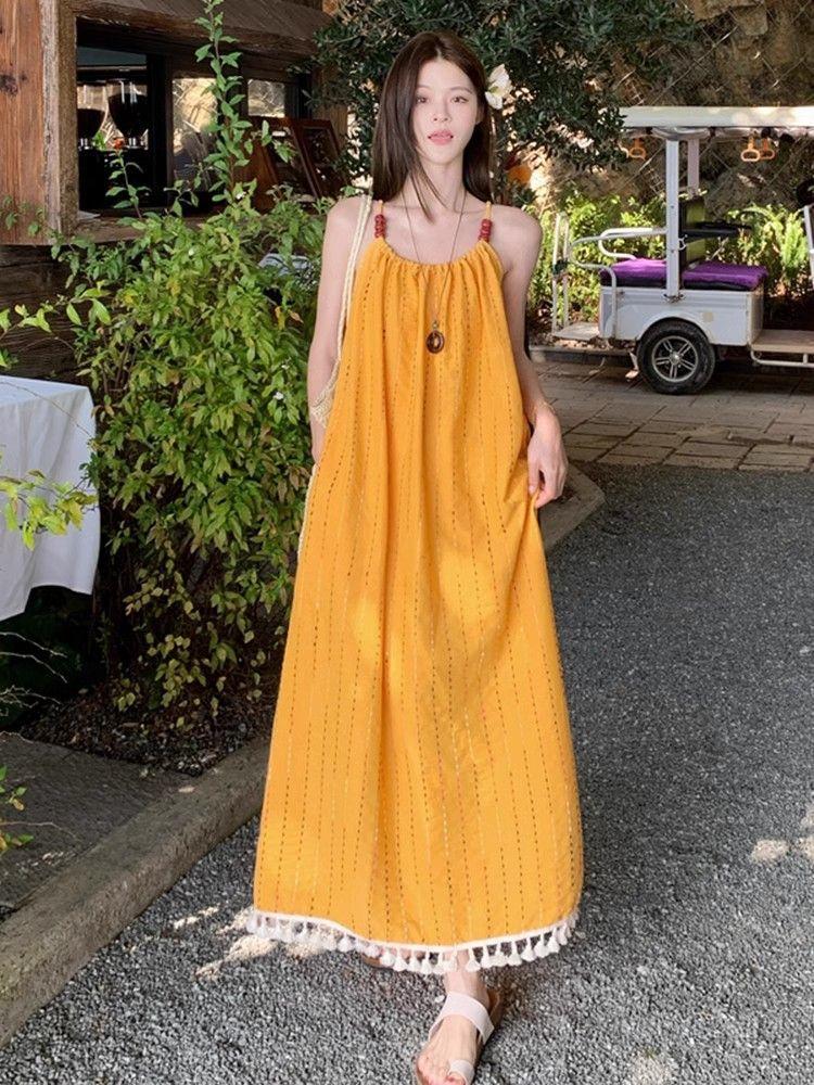 Bohemian yellow suspender dress for women s Xia Dali Yunnan tourism seaside vacation dopamine beach dress S жёлтый